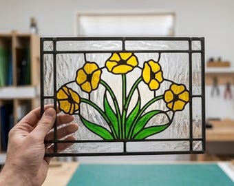 Mönster för målat glas i PDF-format - Påskliljablommapanel, vårblommig fönsterdekor, botanisk glasdesign, digital nedladdning, SVG PNG-mall