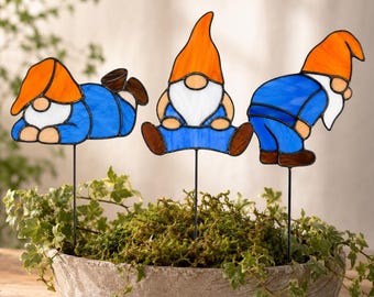 Gnome Stained Glass Pattern Bundle, Funny Garden Gnome Stake SVG, Sitting Resting Gnome Suncatcher, A4 Pdf Png Jpg, 3 Designs, Diy Pattern