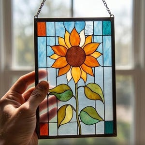 以下が含まれることがあります： ステンドグラスパネル、ひまわりのデザイン。ひまわりの花びらはオレンジと黄色で、中心は茶色です。背景は青色で、オレンジとターコイズのアクセントがあります。長方形のパネルは黒いフレームで囲まれ、吊り下げ用のチェーンが付いています。