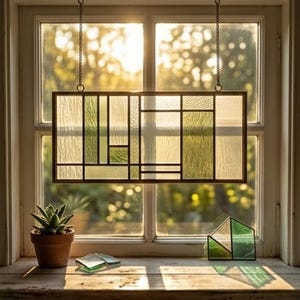May include: A rectangular stained glass window panel with a geometric design, hanging in front of a window. The panel features shades of green and clear glass, framed in a dark metal. A small potted succulent, glass pieces, and a geometric glass house sit on the windowsill.