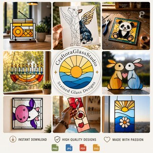 May include: A collection of stained glass designs, including a radio, a dog with wings, a panda, a menorah, two rabbits, a cow, a musical note, and a sunset. The designs are colorful and feature various shapes and patterns. The text "Craftora Glass Studio" is also visible.