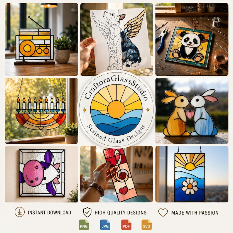 May include: A collection of stained glass designs, including a radio, a dog with wings, a panda, a menorah, two rabbits, a cow, a musical note, and a sunset. The designs are colorful and feature various shapes and patterns. The text "Craftora Glass Studio" is also visible.