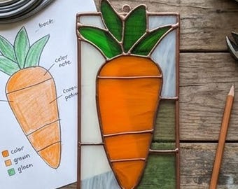 Stained Glass Pattern PDF – Carrot Suncatcher Design, Garden Vegetable Art, Kitchen Window Decor, Digital Download SVG PNG
