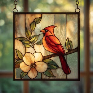 May include: Stained glass panel depicting a red cardinal on a branch with green leaves and a cream flower. The artwork is framed in dark metal and suspended by a chain, presenting a nature-themed design, ideal for home decor.