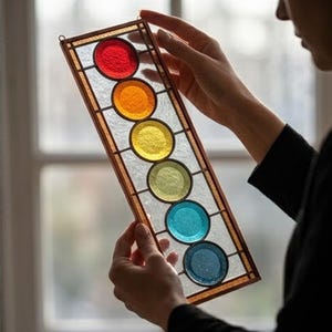 May include: A rectangular stained glass panel featuring six circular colored glass pieces in red, orange, yellow, green, blue, and indigo. The panel is held by a person, showcasing the vibrant colors and intricate design. The frame is a warm brown.