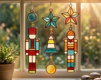 Stained Glass Ornament Pattern Bundle, Nutcracker Christmas Suncatcher, Holiday Glass Design, SVG PNG PDF  Download