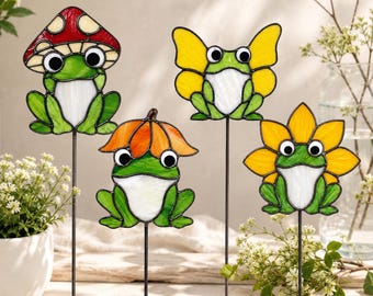 Frosch-Glasmalerei-Musterpaket, Pilz-Kürbis-Sonnenblume-Schmetterling-Frosch-Garten-SVG, A4 PDF PNG JPG, 4 Designs, DIY-Muster