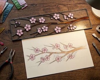 Stained Glass Pattern PDF - Cherry Blossom Panel, Sakura Branch Suncatcher, Floral Window Design, Digital Download, SVG PNG Template