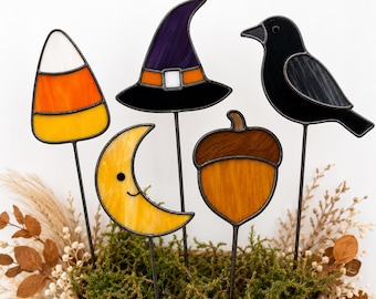 Halloween Stained Glass Pattern Bundle, Moon Crow Candy Corn Acorn Witch Hat Garden SVG, A4 Pdf Png Jpg, 5 Designs, Diy Pattern