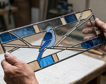 Stained Glass Pattern PDF - Blue Bird Suncatcher, Nature Glass Panel Design, Window Bird Art, Digital Download, SVG PNG Template