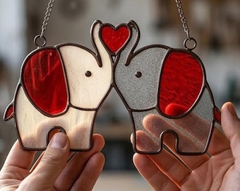 Stained Glass Pattern PDF - Elephant Love Suncatcher - Couple Heart Design, Digital Download, Beginner Glass Project, SVG PNG Template