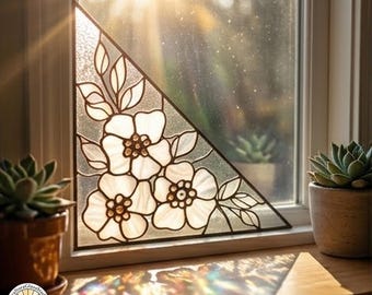 Stained Glass Pattern PDF - Floral Corner Panel, Flower Glass Art, Garden Window Decor, Geometric Triangle Design, SVG PNG