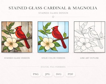 Stained Glass Pattern PDF - Cardinal Bird Suncatcher Design, Red Bird Window Decor, Nature Glass Art, Digital Download SVG PNG