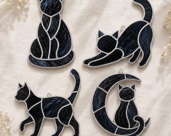 Black Cat Stained Glass Pattern Bundle, Cat Suncatcher Svg, Moon Cat Glass Template, A4 Numbered Pdf Png Jpg, 4 Designs
