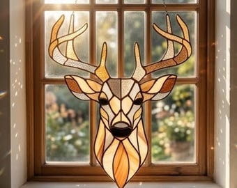 Stained Glass Pattern PDF - Deer Head Suncatcher, Stag Window Design, Woodland Animal Glass Art, Digital Download, SVG PNG Template
