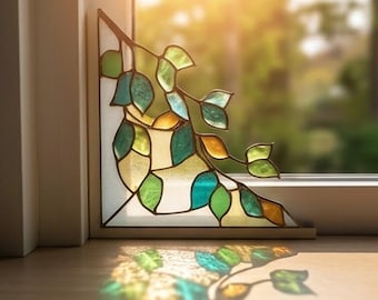 Stained Glass Pattern PDF - Corner Leaf Suncatcher Design, Botanical Glass Art, Minimal Window Decor, Digital Download SVG PNG