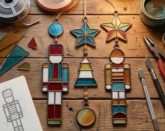 Stained Glass Ornament Pattern Bundle, Nutcracker Christmas Suncatcher, Holiday Glass Design, SVG PNG PDF  Download