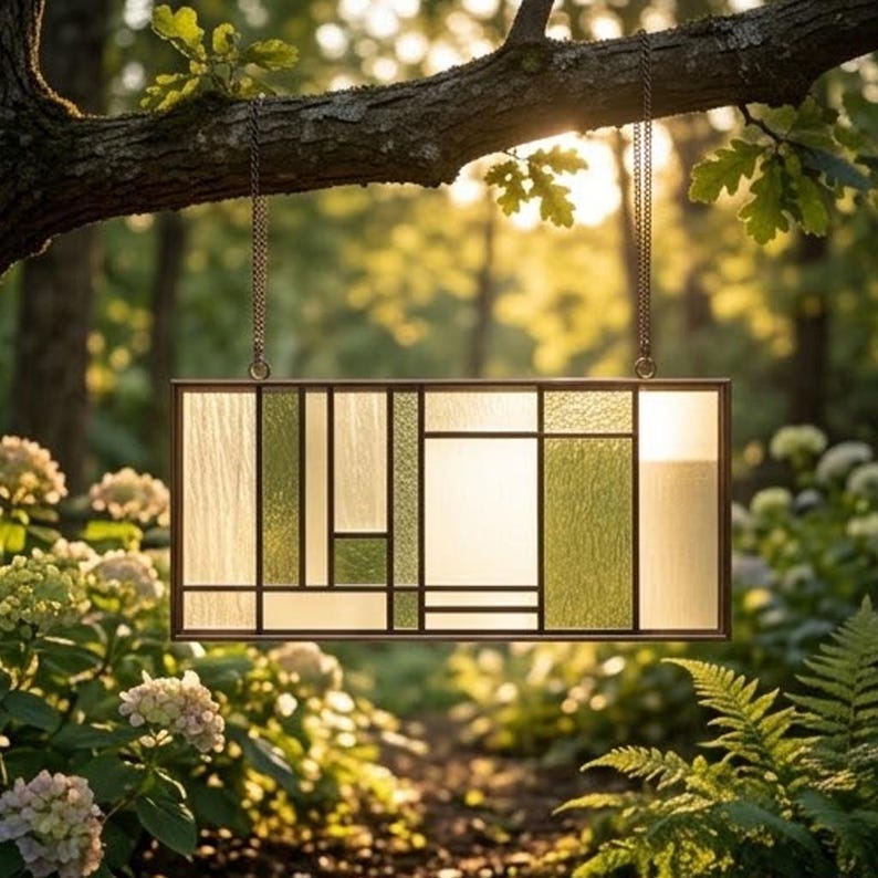 May include: A rectangular stained glass panel with a geometric design, hanging from a chain. The panel features shades of green and cream, framed in a dark metal. The background is a blurred view of a sunlit garden.