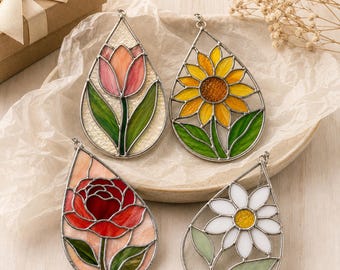 Flower Stained Glass Pattern Bundle, Floral Suncatcher SVG, Tulip Sunflower Rose Daisy Template, A4 Pdf Png Jpg, 4 Designs, Diy Pattern