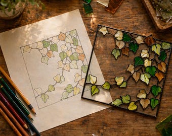 Stained Glass Pattern PDF - Ivy Vine Suncatcher, Climbing Leaf Glass Design, Botanical Window Panel Decor, Digital Download, SVG PNG