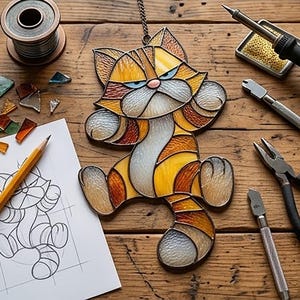 May include: A stained glass cat with orange, yellow, and white panels, featuring a grumpy expression. The cat is surrounded by crafting tools, including a soldering iron, pliers, and a pencil sketch of the cat design. A spool of wire and glass shards are also present.