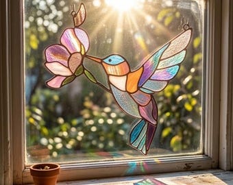 Stained Glass Pattern PDF - Hummingbird Suncatcher, Bird and Flower Design, Nature Window Decor, Garden Glass Art , SVG PNG