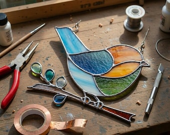 Stained Glass Bird Pattern PDF, Bird Suncatcher Design, Window Hanging Glass Art, SVG PNG Digital Download Template