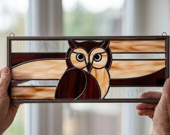 Stained Glass Pattern PDF - Owl Suncatcher Panel, Woodland Bird Glass Design, Nature Window Decor, Digital Download, SVG PNG Template