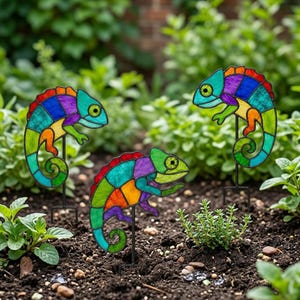 Motifs de vitraux caméléon, attrape-soleil lézards colorés, PDF SVG PNG