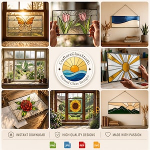 May include: Collection of stained glass designs featuring floral and landscape themes. Includes a butterfly, tulips, a sunburst, a rose, a sunflower, and mountain scenes. The designs are framed and ready to hang. The image also includes the text "CraftoraGlassStudio Stained Glass Designs".