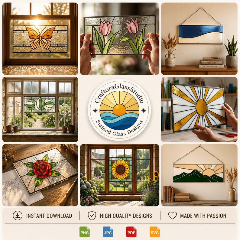 May include: Collection of stained glass designs featuring floral and landscape themes. Includes a butterfly, tulips, a sunburst, a rose, a sunflower, and mountain scenes. The designs are framed and ready to hang. The image also includes the text "CraftoraGlassStudio Stained Glass Designs".