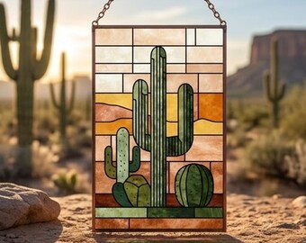 Stained Glass Pattern PDF - Cactus Desert Suncatcher, Southwest Glass Art, Boho Sunset Window Decor, Digital Download SVG PNG