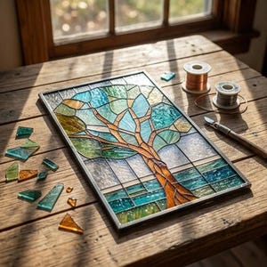 May include: A stained glass panel showing a tree design in shades of blue, green, and orange, set in a silver frame. The panel sits on a wooden table, with scattered glass pieces and wire spools nearby.