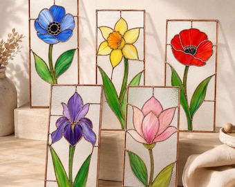 Flower Stained Glass Pattern Bundle, Floral Suncatcher SVG, Iris Poppy Daffodil Rose Window Panel, A4 Pdf Png Jpg, 5 Designs, Diy Pattern