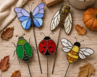 Insect Stained Glass Pattern Bundle, Butterfly Bee Ladybug Beetle Cicada Garden Stake SVG,A4 Pdf Png Jpg, 5 Designs, Diy Pattern