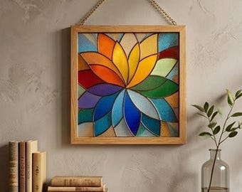 Mönster för målat glas i PDF-format - Mandala-solfångare, geometrisk regnbågskonst i glas, boho fönsterdekor, blommig mandaladesign, SVG PNG