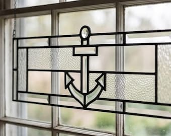 Stained Glass Pattern PDF - Anchor Suncatcher, Nautical Window Panel Design, Minimal Line Art Glass, Digital Download, SVG PNG Template