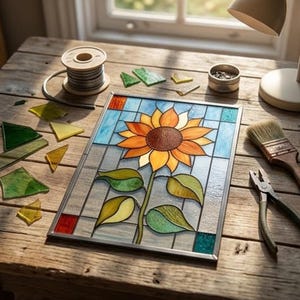 May include: A stained glass panel featuring a sunflower design with orange, yellow, and green hues. The artwork is framed in a silver metal border and sits on a wooden surface, alongside tools and materials for glasswork.