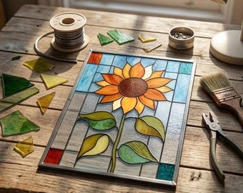Buntglas Muster PDF - Sonnenblume Panel Design, Blumenfenster Glaskunst, digitaler Download, Anfänger Projekt, SVG PNG Vorlage