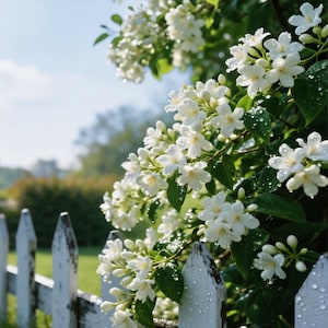 May include: Close-up of a white picket fence with a lush flowering bush. The bush is covered in clusters of small, white flowers with water droplets, set against a backdrop of green foliage and a blue sky.
