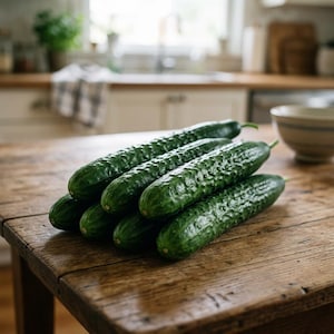 May include: A pile of fresh, green cucumbers with textured skin rests on a rustic wooden table. The cucumbers are of varying lengths and are arranged in a slightly overlapping stack. The background shows a kitchen setting with a window and a bowl.