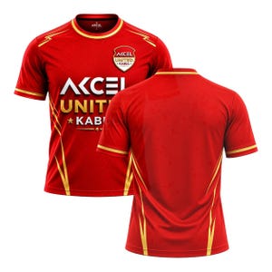 May include: A red short-sleeved jersey with gold trim and accents. The front features the text AKCEL UNITED KABUL with a shield-shaped logo containing the same text. The back is plain red with gold side accents, matching the front design style.