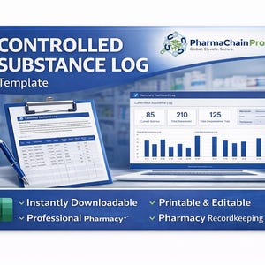 Pode incluir: Gráfico azul e branco para um modelo de Registo de Substâncias Controladas. A imagem inclui uma prancheta com um documento, uma caneta e um laptop exibindo um painel. O texto inclui "Download instantâneo", "Imprimível e editável" e "Manutenção de registros de farmácia".