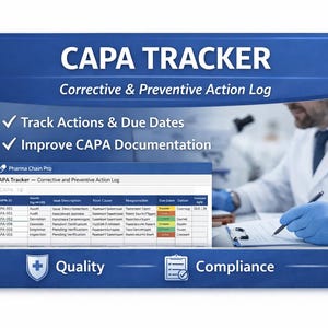 Może przedstawiać: Niebieska grafika promująca CAPA Tracker, rejestr działań korygujących i zapobiegawczych. Tekst zawiera „Śledź działania i terminy” oraz „Ulepsz dokumentację CAPA”. Osoba w fartuchu laboratoryjnym pisze na schowku. Obraz zawiera również słowa „Jakość” i „Zgodność”.