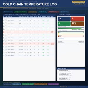 May include: A digital document labelled "COLD CHAIN TEMPERATURE LOG" with data tables and charts. The document includes sections for temperature logs, auto excursion detection, and compliance status. The document is designed for pharmaceutical cost chain monitoring.