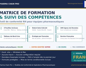 Matrice de Formation Excel | Suivi Formation Personnel | Conformité BPF | Tableau de Bord | Équipes Pharmaceutiques Francophones