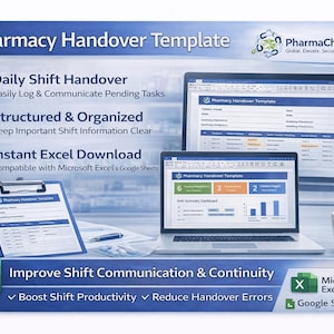 Mall för överlämning av apotek i Excel | Daglig skiftlogg, instrumentpanel (digital nedladdning) | Kommunikationsverktyg för apotekare