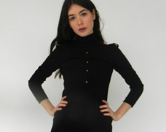 Vintage Black Wool Shift Dress | 1960s | Red Epaulettes