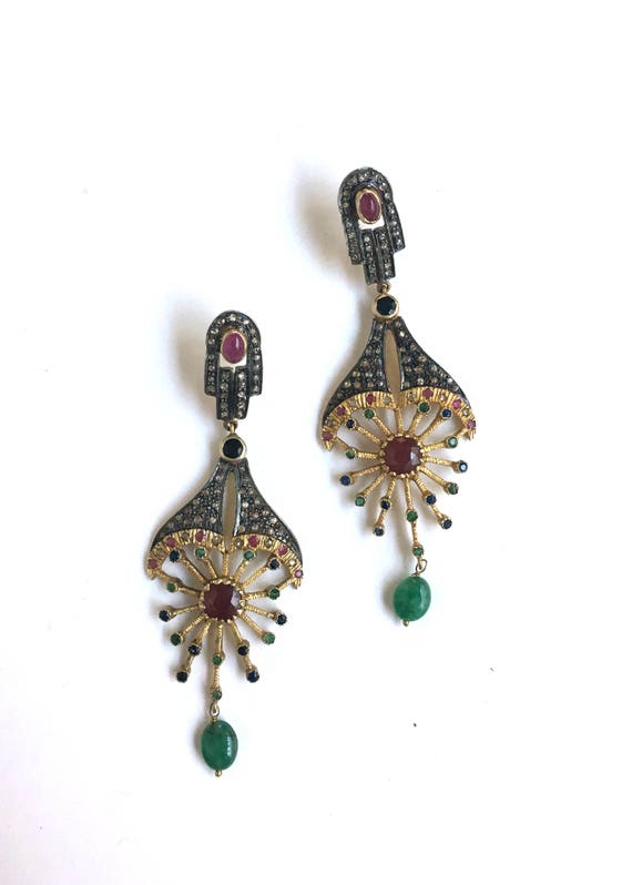 Vintage Art Deco 14k Gold Chandelier Earrings Diamond Ruby Image 0