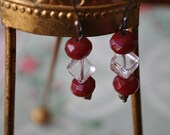 Cherry red and crystal drop earrings. Wire. Vintage.